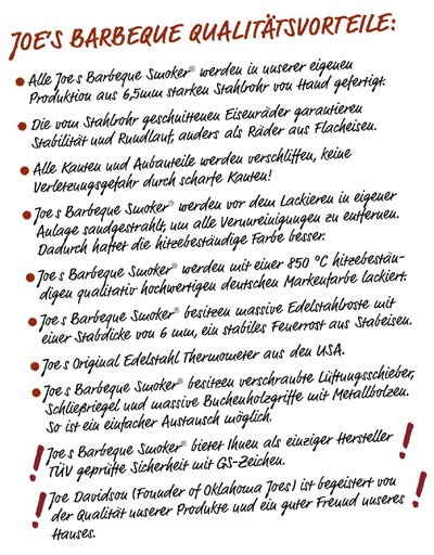 JOE's BARBEQUE SMOKER Qualit�tsmerkmale