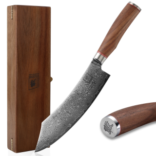 Zayiko Damastmesser Blockmesser 20 cm Klinge aus echtem Damaststahl mit Nussbaumgriff mit Holzbox Serie Kurumi