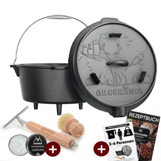 7 L mit Füße Eingebrannter Dutch Oven Set – inkl. 2in1 Deckelheber + Bürste + Pflegepaste + Rezeptbuch + Gebrauchsanweisung – Schmortopf Doppelfunktion [für 3–6 Personen]
