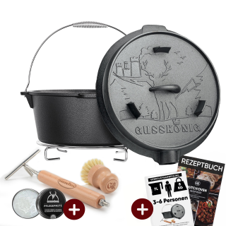 7 L ohne Füße  Eingebrannter Dutch Oven Set – inkl. 2in1 Deckelheber + Untersetzer + Bürste + Pflegepaste + Rezeptbuch + Gebrauchsanweisung – Schmortopf Doppelfunktion [für 3–6 Personen]
