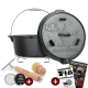 Dutch Oven Set 9 L ohne Füße eingebrannt – inkl. 2in1 Deckelheber + Untersetzer + Bürste + Pflegepaste + Rezeptbuch + Gebrauchsanweisung  – Schmortopf Doppelfunktion